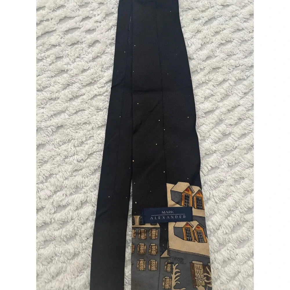 Mark Alexander Mens Silk Christmas Tie Santa Claus Village Black Holiday Necktie